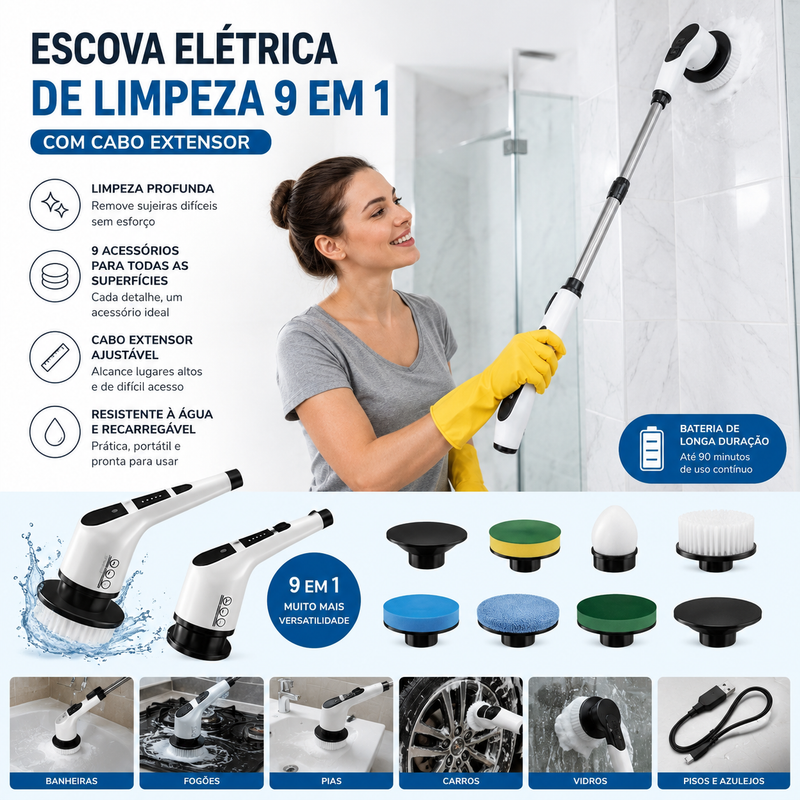 Escova Elétrica de Limpeza 9 em 1 com Cabo Extensor