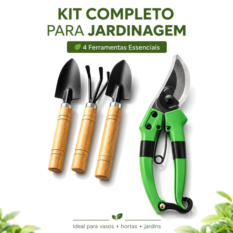 Kit 4 Ferramentas de Jardinagem com Aço Carbono e Cabo de Madeira